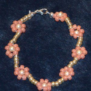 Coral & Gold Colored Seed Beaded Flowers w/ Glass Pearls Bracelet